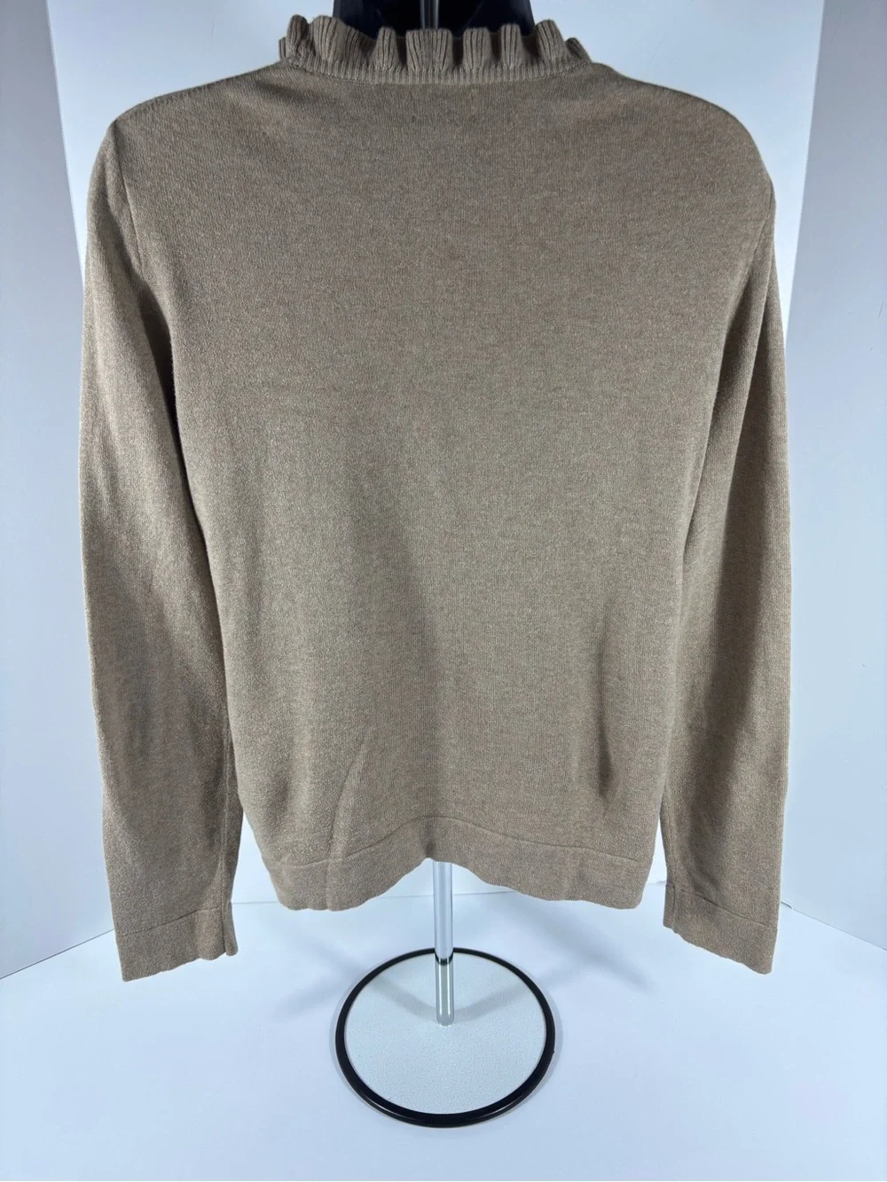 J.Crew Ruffle Neck Sweater Tan Beige Cotton Knit Pullover Small